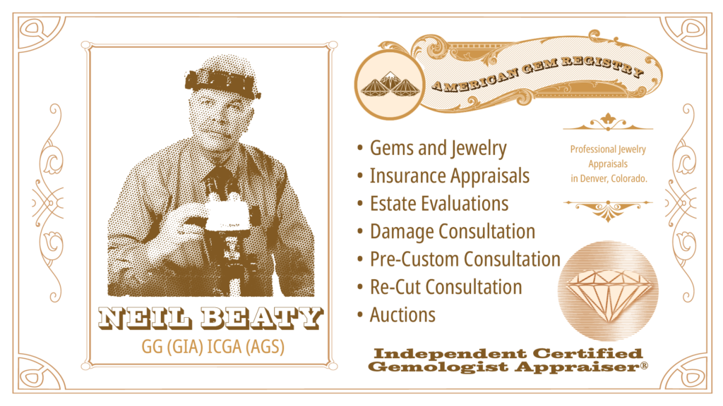 A digital advertisement that depicts a cute picture of the American Gem Registry's Neil Beaty, and lists many of the company's services.