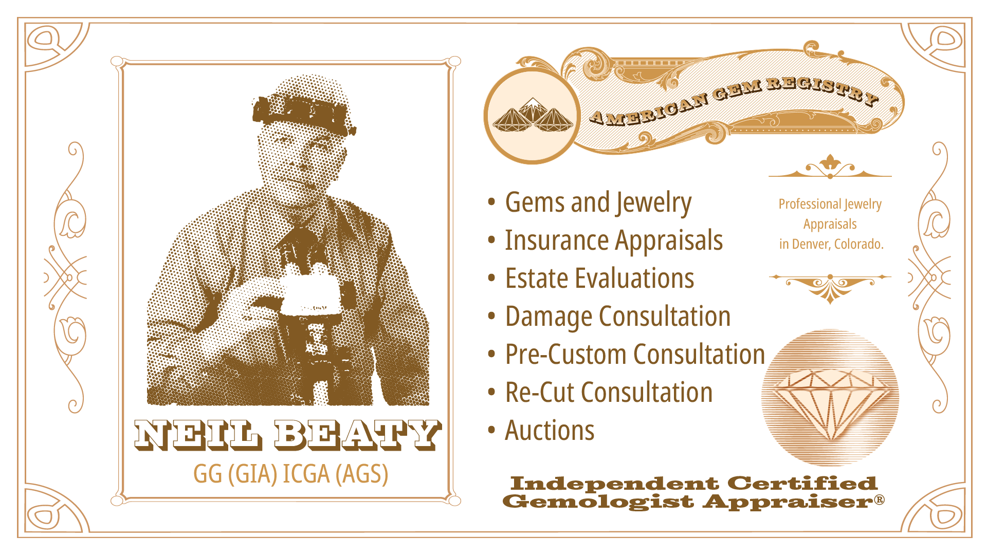 A digital advertisement that depicts a cute picture of the American Gem Registry's Neil Beaty, and lists many of the company's services. 