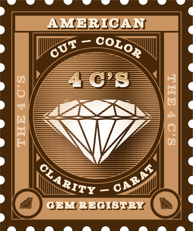 An illustrated stamp with a diamond in the center proclaiming the 4 c's (cut-color-clarity-carat)